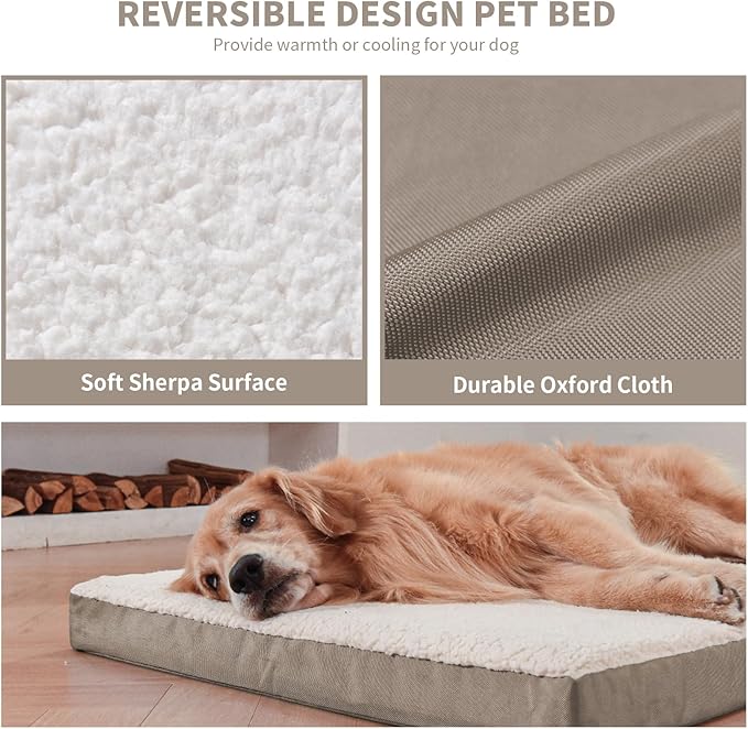 Orthopedic Dog Bed for Large Dogs, Plush Washable Pet Bed for Large Size Dogs with Egg Crate Foam & Removable Oxford Cover, 36x27 Inch, Khaki White