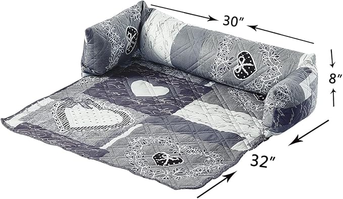 Brilliant Sunshine Quilted Calming Dog Bed Mat, Removable Washable Cover, Cushion Protector and Couch Covers for Dogs, Pets, Cats, Medium, Grey Heart Love Patchwork