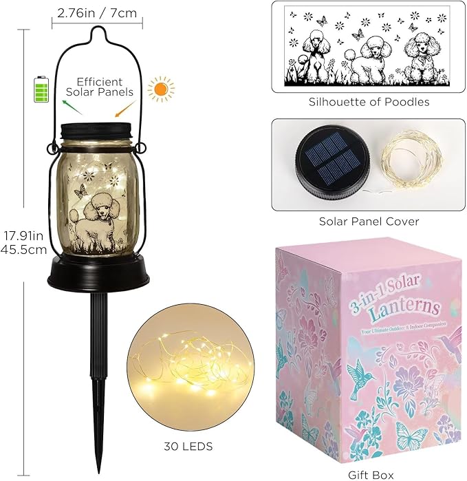 kyoryuger Poodle Gifts for Women/Men, Poodle Solar Lanterns Dog Mom Birthday, Dog Lovers Lantern, Pet Loss Pet Memorial Lights, Solar Garden Decoration Outside for Yard, Patio,Backyard,Porch