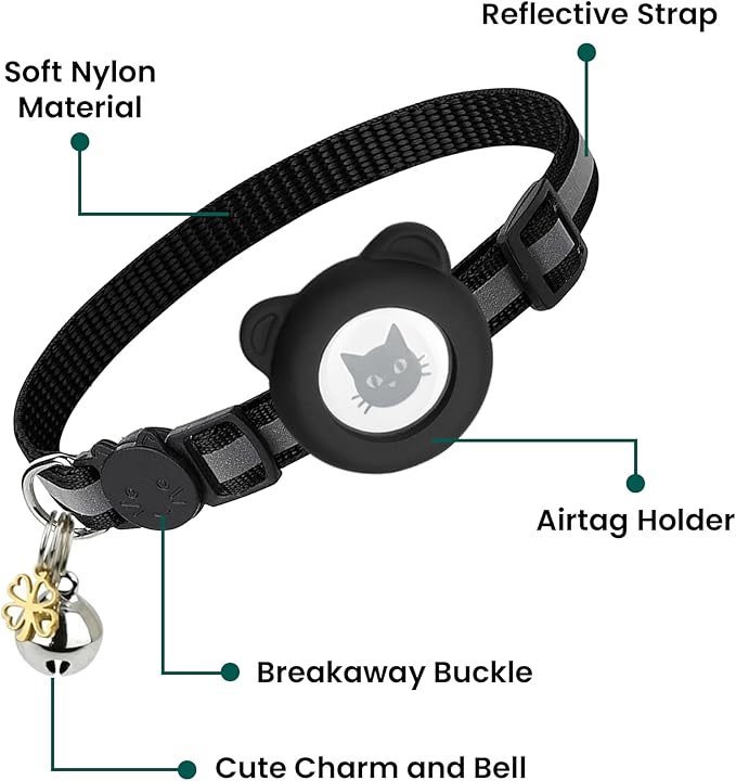 Cat Collar with AirTag Holders, 3-Pack, Reflective Breakaway Safety Collars, Bells and Matching Charms, Adjustable, Paw Hearts, Moon Stars Design, Lucky Charm, Black