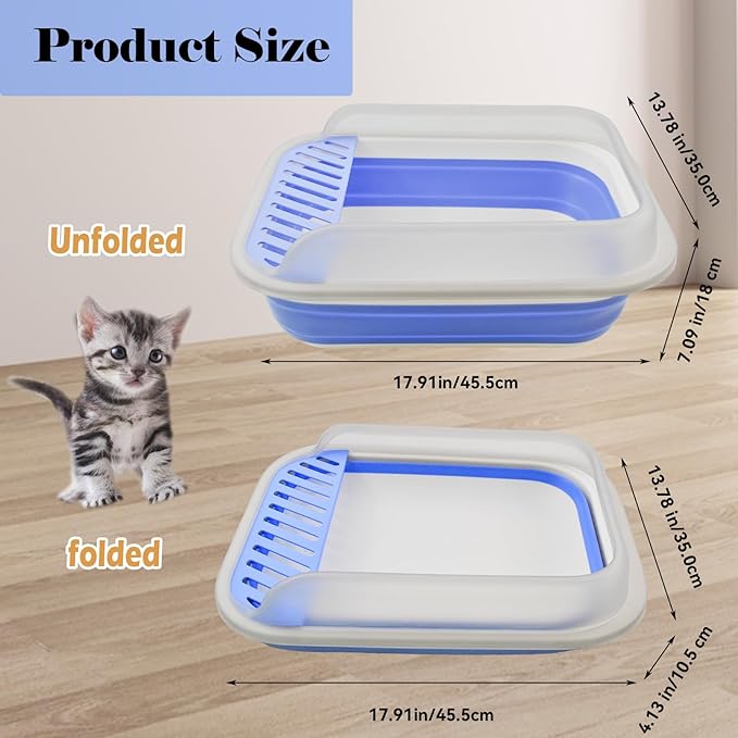 kathson Collapsible Kitten Litter Box,Foldable Anti-Splashing Small Kitty Litter Box Low Entrance Cat Potty Pan with Falling Sand Pedal Waterproof Portable Cat Toilet for Kittens (Blue)
