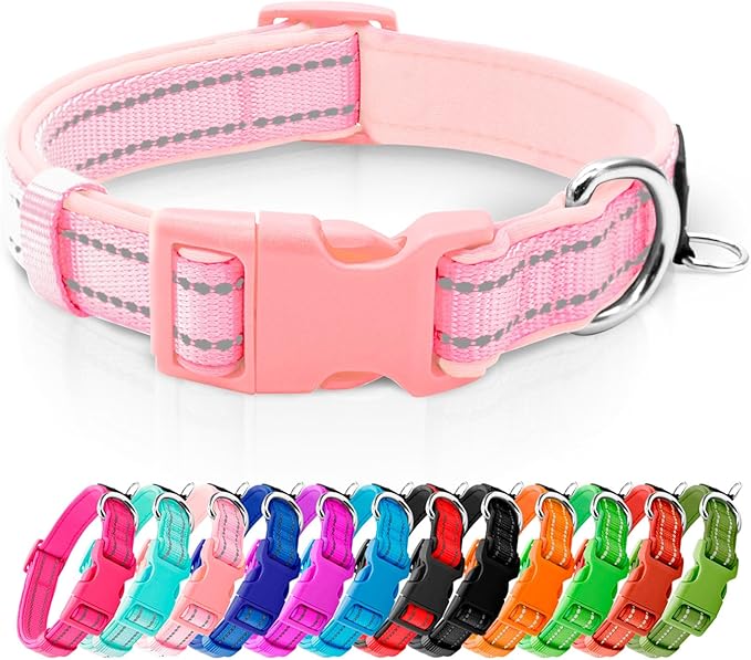 azuza Reflective Dog Collar,Soft Neoprene Padded Pet Collar with ID Tag Ring,Adjustable for Puppy and Small Dogs,Pink,XS