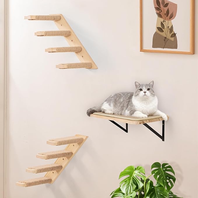 Cat Climbing Stair Shelf, Wall Mounted Ladder 2PCS 4 Steps Reversible Left & Right Direction, for Cats up to 15 Pounds, Cat Stairway with Jute Scratching Ladder Shelves for Kitten Perch Sleeping