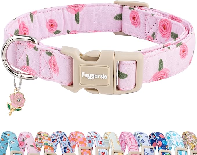 Faygarsle Pink Floral Dog Collar with Roses Pattern, Spring Summer Design for Small Medium Large Dogs L