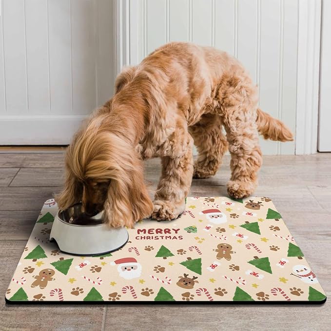 Christmas Dog Food & Water Mat, Paw Prints Santa Claus Snowman Xmas Pet Feeding Mat for Floor Non-Slip Waterproof, Super Absorbent Cat Bowl Mat, Easy to Clean Pet Placemat,16" × 24"