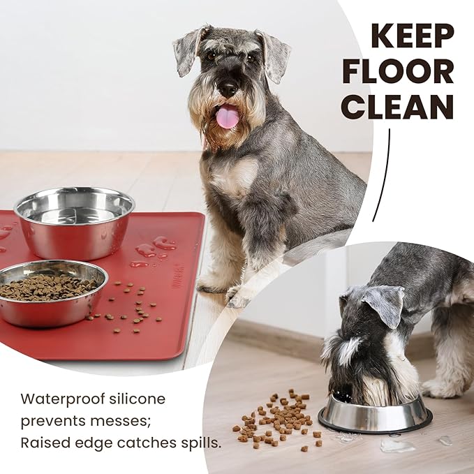 VIVAGLORY Dog Food Mat Flexmat Dog Bowl Mat, Placemat Food Tray with Raised Edges & Lip for Indoor Floor, Non Slip Waterproof Silicone Dish Placemat for Cat & Pet, S, Burgundy