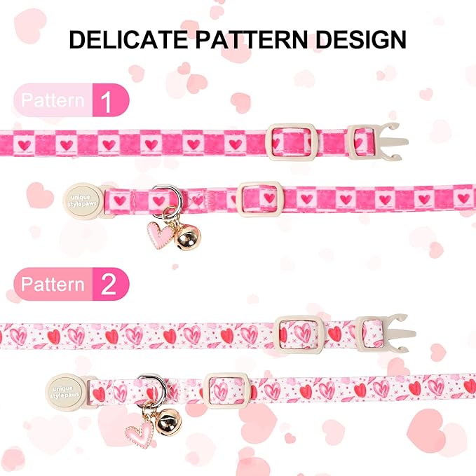 Unique Style Paws Pink Kitten Collars,Cute Valentine Cats Collar with Bell,Kitten Collar Breakaway Buckle with Heart Pattern,Adjustable Valentine Cat Collars,Ideal Gift for Boy Girl Cats