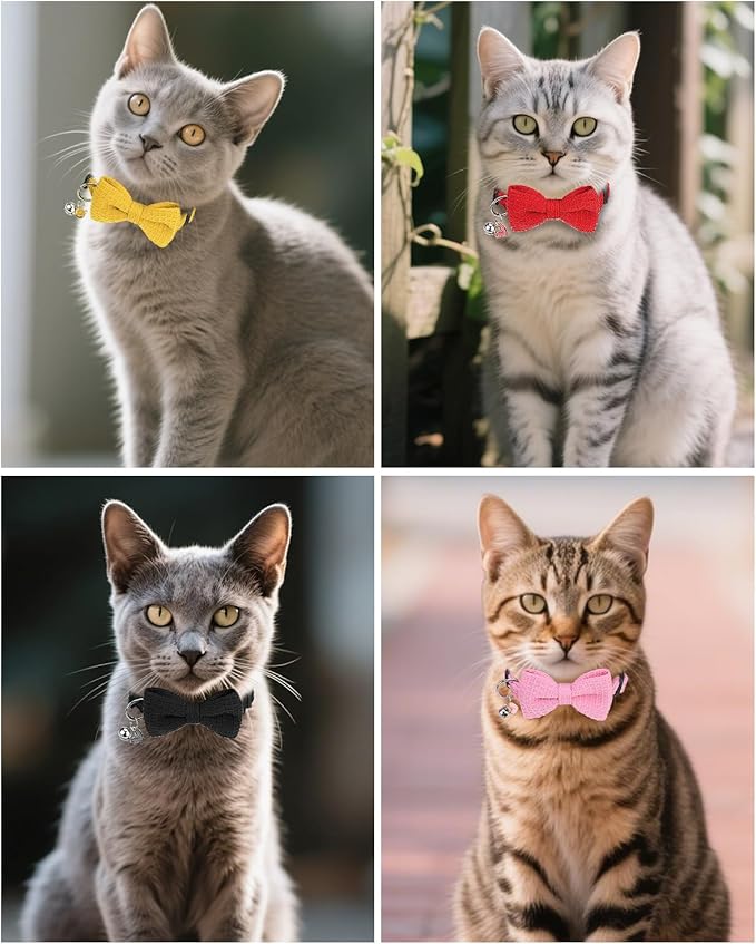 Cat Collar Breakaway with Bells, Soft Cotton Red Cat Bowtie Collar for Girl Cats, Small Cats Collar with Bow for Spring Summer, 2 Pack Cute Kitten Collars with Removable Bowtie 8-12Inch