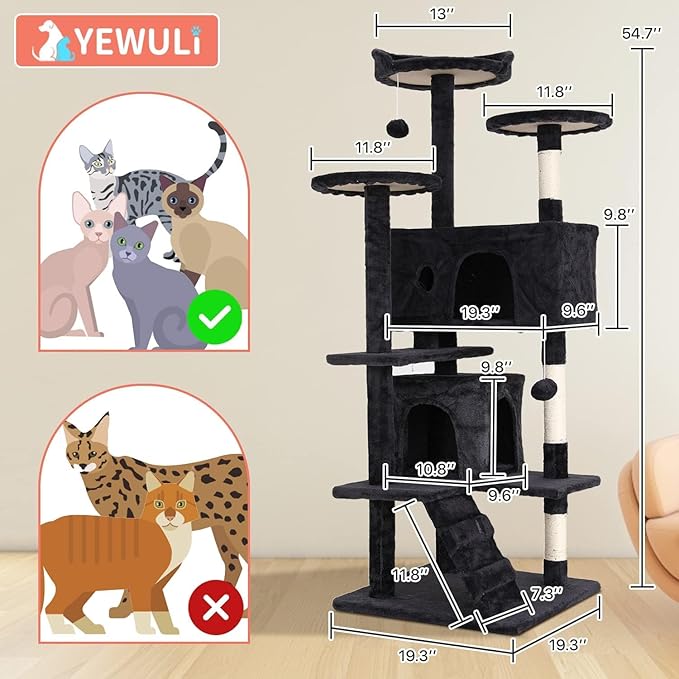 54in Cat Tree Cat Climbing Tower with Scratching Post, Cats House Perch Kitten Tree Condo Wood Playhouse, Pet Trees Tower for Indoor Cats, Dark Gray