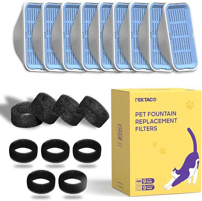 PEKTACO Cat Water Fountain Filters Replacement & Pre-Filter Sponges for 3.2L/108oz Automatic Pet Fountain, Dog Water Dispenser 18 Pack Filters & 9 Pre-Filter Sponges Foam Filters