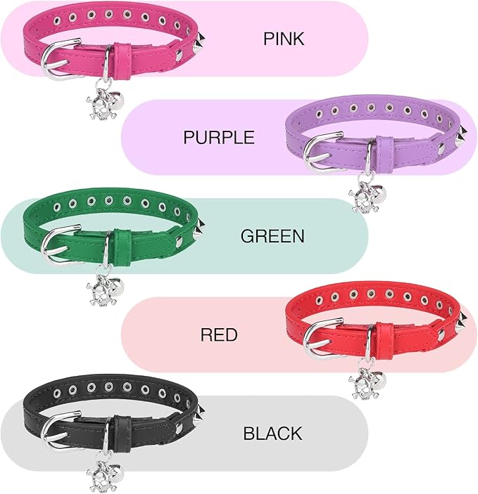 Leather Cat Collars for Boy Girl Cats with Bell and Safety Elastic Belt, Personalized Rivets Stud Adjustable Safe Buckle Collar with Skull Charm for Kitty Small Pets, Red
