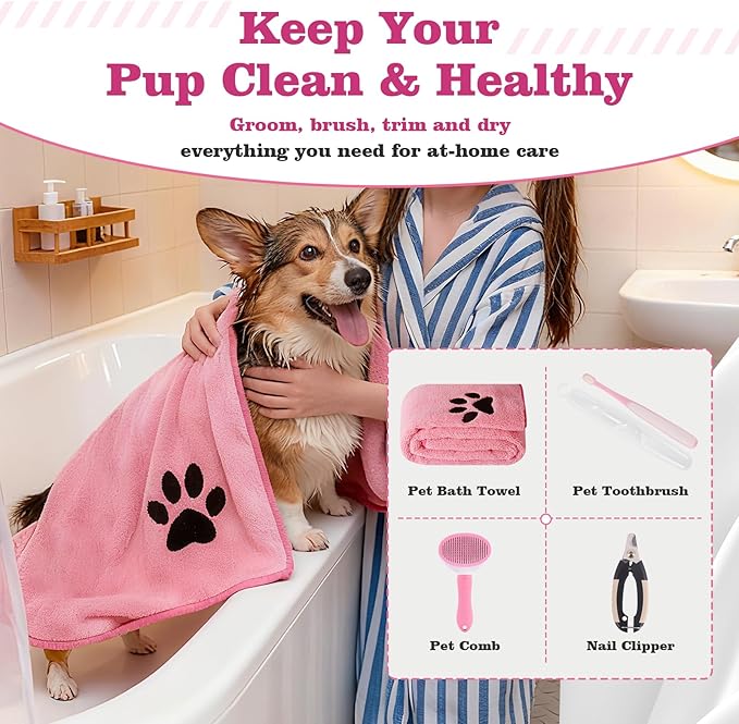 Puppy Supplies Starter Kit – Puppy Essentials and Dog Stuff Set for Small Dogs, Includes Bowls, Toys, Toothbrush, Treat Pouch and More, Welcome Home Gifts for Your New Puppies - Pink
