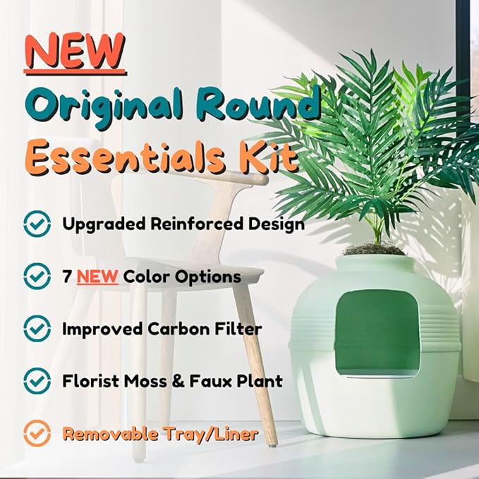 Good Pet Stuff Hidden Litter Box Planter, Decorative Cat Litter Enclosure with Carbon Filter, Artificial Plant, Easy Clean, Removable Liner, Round Style, Essentials Kit, Sage Green