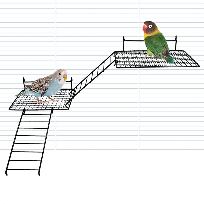BNOSDM 4 PCS Bird Perches Platform, Stainless Steel Grid Platform for Parakeet Parrot Stand with Climbing Ladder Bird Cage Accessories for Small to Large Birds (Black)
