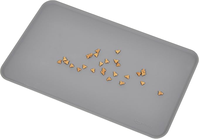 Amazon Basics Waterproof Non-Slip Silicone Pet Feeding Mat with Raised Edges, Prevents Spills, Easy to Clean, Protects Floors for Cat & Dog Food and Water Bowls, 18.5 x 11.5 Inches, Gray