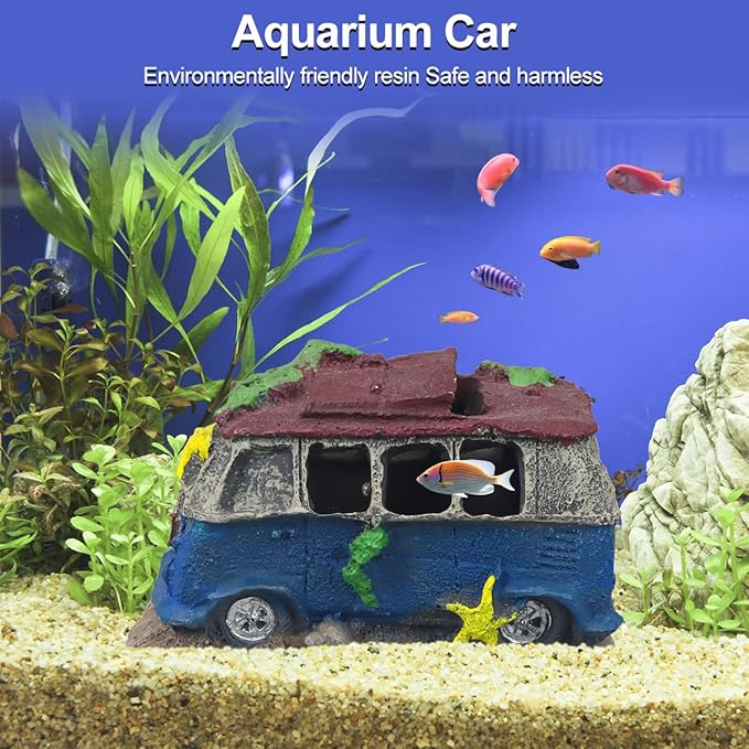 Aquarium Decorations for Fish Tank - Realistic Resin Rock Cave Hideouts, Safe Fish Tank Ornaments with Natural Design for Betta, Goldfish, Shrimp - Easy to Clean (School Bus)