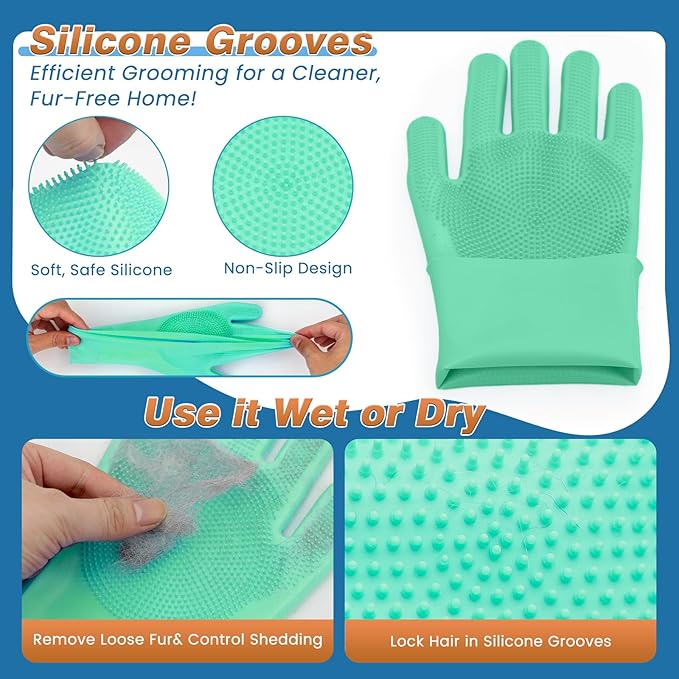 7PCS Dog Washing Gloves | Dog Bath Brush | Storage Bag | Dog Finger Toothbrush for Short & Long Haired Dogs & Cats | Efficient Deshedding Bathing & Massaging, Suitable for Pets (Sage Green)