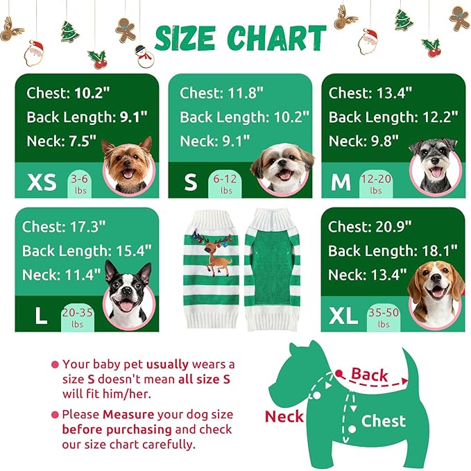 Christmas Dog Sweaters Xmas Pet Outfits Striped Elk Costume Holiday Clothes Gifts Puppy Cat Knitted Jumpers (XS,Green White Stripe Elk)