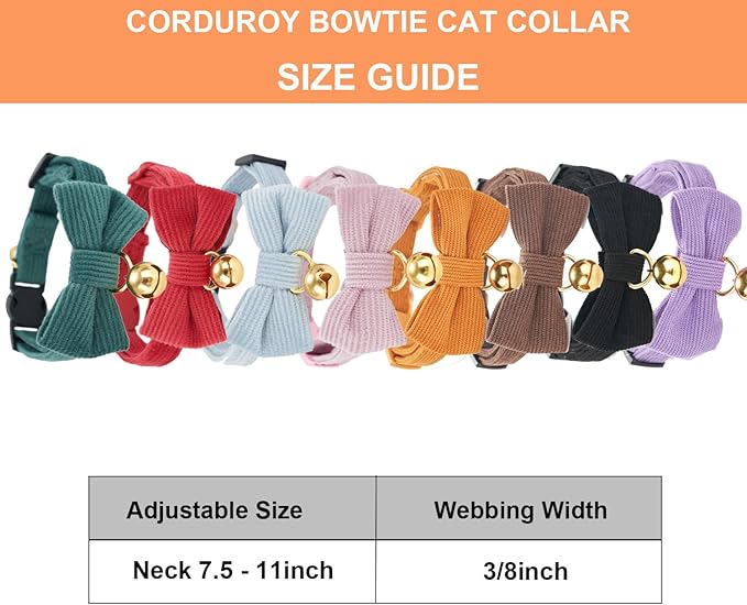 Cotton Breakaway Cat Collar with Bow Tie and Bell, Adjustable Cute Soft Corduroy Kitten Collars for Girl and Boy Cats