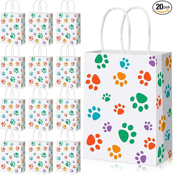 Blulu 20 Pcs Spring Puppy Dog Paw Gift Bags with Handles, Dog Paper Treat Goodie Bags for Animal Pet Party Favors, 6.3 x 3.1 x 8.6 Inch