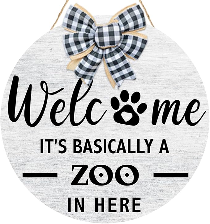 Welcome It's Basically a Zoo in Here Sign,Funny Pet Front Door Sign,Welcome Zoo Wooden Hanging Wall Plaque for Porch Outdoor Pet Lover Owner Gift,Dog Signs for Home Decor,13.7''×13.7''