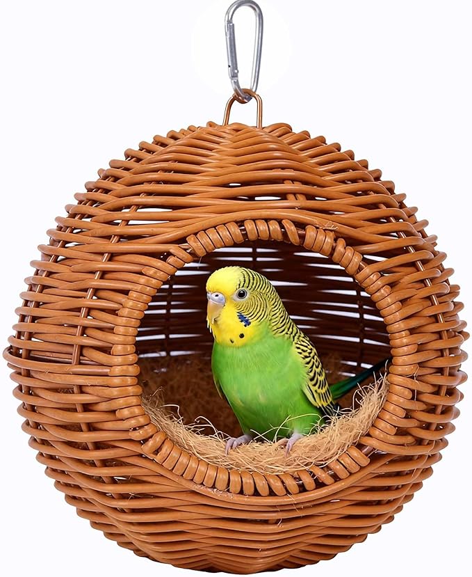 Parakeet Nest Bird Cage Accessories, Chew-Proof Steel Frame & Washable Small Bird Hanging Bed for Lovebirds, Canaries, Budgies 、Lizards, Hamsters(Brown, 6.3"x6.3"x7.5")