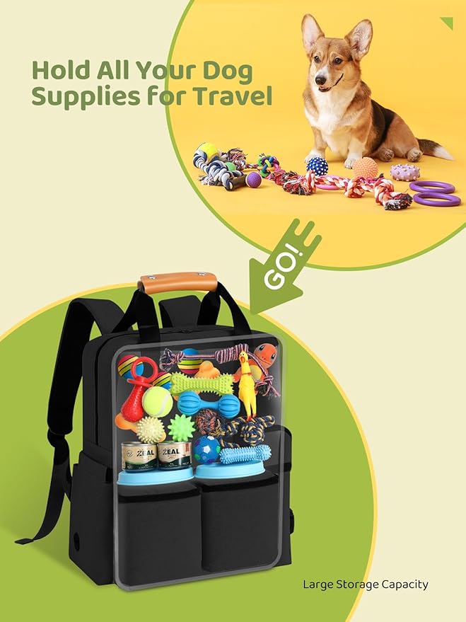 Dog Travel Bag All-in-One Set: DELOMO 25L Airline Approved Dog Travel Backpack with 2 Food Containers + 2 Collapsible Bowls + 1 Waterproof Mat for Weekend to Week-Long Pet Travel, Camping, Road Trips