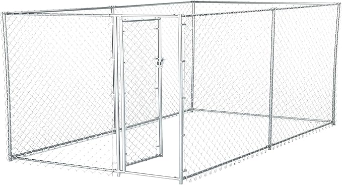 Lucky Dog Heavy Duty Outdoor Galvanized Chain Link Dog Kennel Enclosure with Latching Door, 1.5 Inch Raised Legs, and Adjustable Configuration, Silver