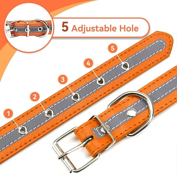 PETCARE Reflective Dog Collar with Cute Paw Rivet Studded Funny Soft PU Leather Adjustable Puppy Dog Collars for Small Medium Large Dogs Cats (Orange,Small)