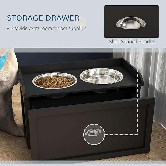 PawHut Dog Feeding Station with Storage Drawer - Removable Elevated Dog Bowls for Large Dogs, Black
