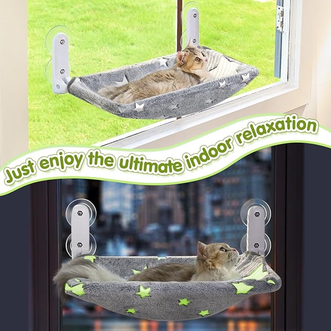 Cat Window Perch, Glow in The Dark Cordless Foldable Pet Hammock Bed for Window with Sturdy Metal Frame, Glowing Stars Pattern Resting Seat for Indoor Cats (Stars - M)
