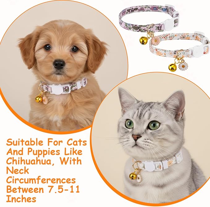 2 Pack Cotton Breakaway Cat Collars with Bell and Daisy Charm - Cute Kitten Cat Collar for Girl Cats and Boys, Adjustable Size 7.5-11 Inch