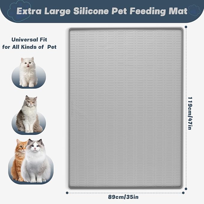 47" x 35" Silicone Cat Food Mat, Waterproof Pet Feeding Mat with Raised Edge, Extra Large Cat Bowl Mat Water Bowl Placemats for Cats, Non-Slip, Protects Floors, Easy to Clean (Light Gray)