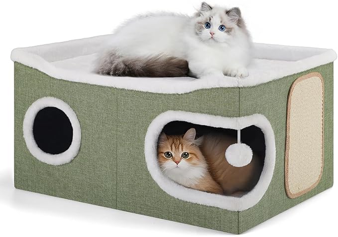 Cat Beds for Indoor Cats, Extra Wide Cat Cube House for Multi Cats, Foldable Cat Cave Hideaway with Arc-Edge Design & Oval Door, Double-Side Soft Cushion for All Seasons, 24"L x 17.7"D x 12.6"H, Green