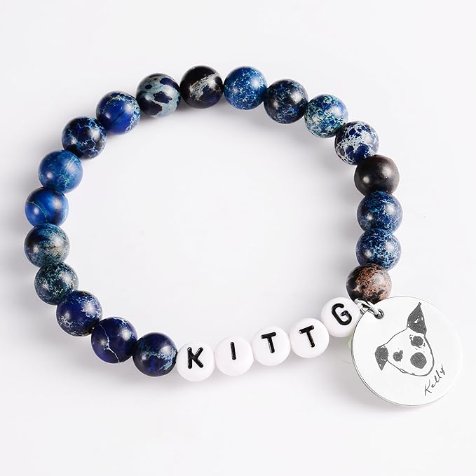 Custom Pet Portrait Bracelet Dog Cat Loss Memorial Keepsake Gift, Photo Engraved with Name Stretch Natural Stone Bracelets Funeral Jewelry,Initial Peanuts in Memory Remembrance Cat Dog