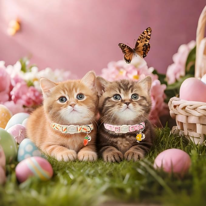 2 Pack Easter Cat Collars - Playful Chick & Carrot Easter Breakaway Cat Collar with Bell & Matching Pendant, Adjustable Spring Holiday Pink Yellow Kitten Collars for Boy Girl Cats