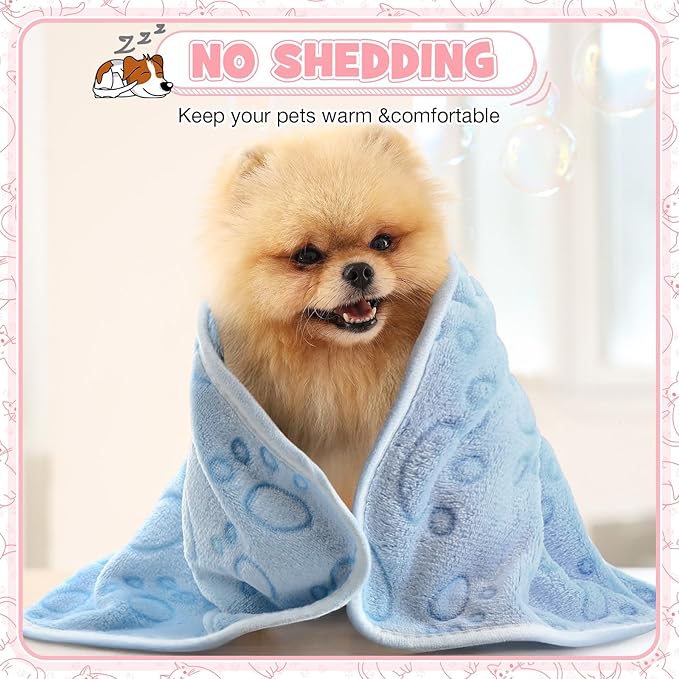 Tegeme 12 Pcs Pet Blankets Soft Fluffy Fleece Dog Cat Warm Paw Print Pattern Blankets Flannel Throw for Pets Dog Puppy Cat(30 x 20 Inch,Pink,Gray,Blue)