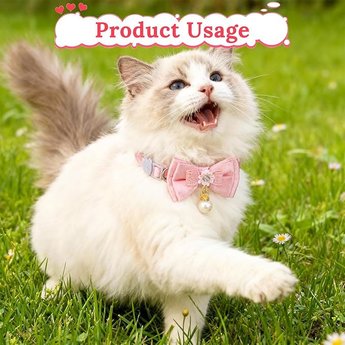Jeffdad 4 PCS Cute Pearl Cat Collar with Bow, for Girl Cats Pink Cat Bows & Accessories Breakaway Safety Cat Bowtie Collar