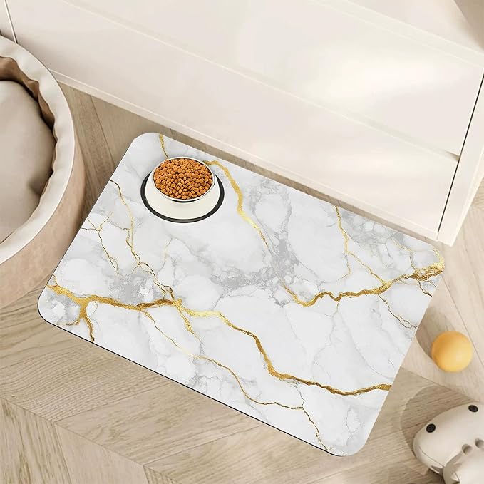 Marble Dog Food Mat for Floors,White Gold Marble Absorbent Quick-Dry Pet Feeding Mat,Cat Dog Bowl Mats for Food and Water,Non-Slip Pet Accessories Supplies 16"x24"