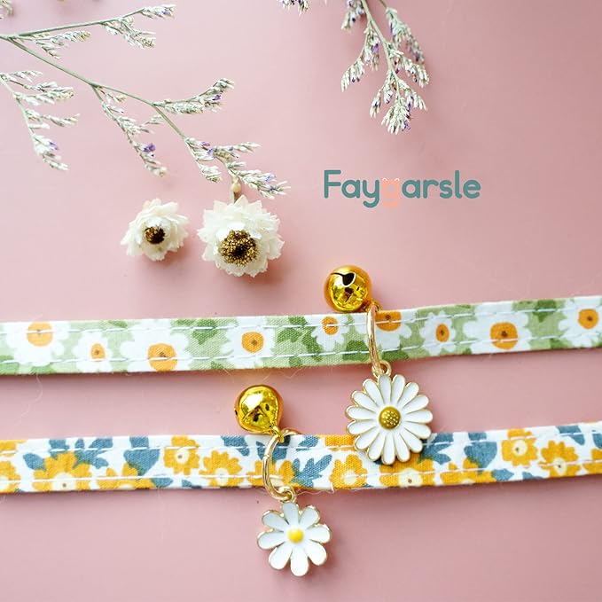 2 Pack Cotton Breakaway Cat Collars with Bell Daisy Pendant Kitty Kitten Collars Green Orange Collar for Female Girl Cats Male Boy Cats
