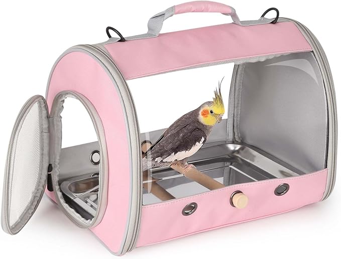Long Tail Bird Travel Carrier Cage with Tray and Stand Perch, Portable Lightweight Clear Windows Carry Bag for Parakeet Budgies Cockatiel Transport to Vet (Pink, Cylinder Design - Clear)