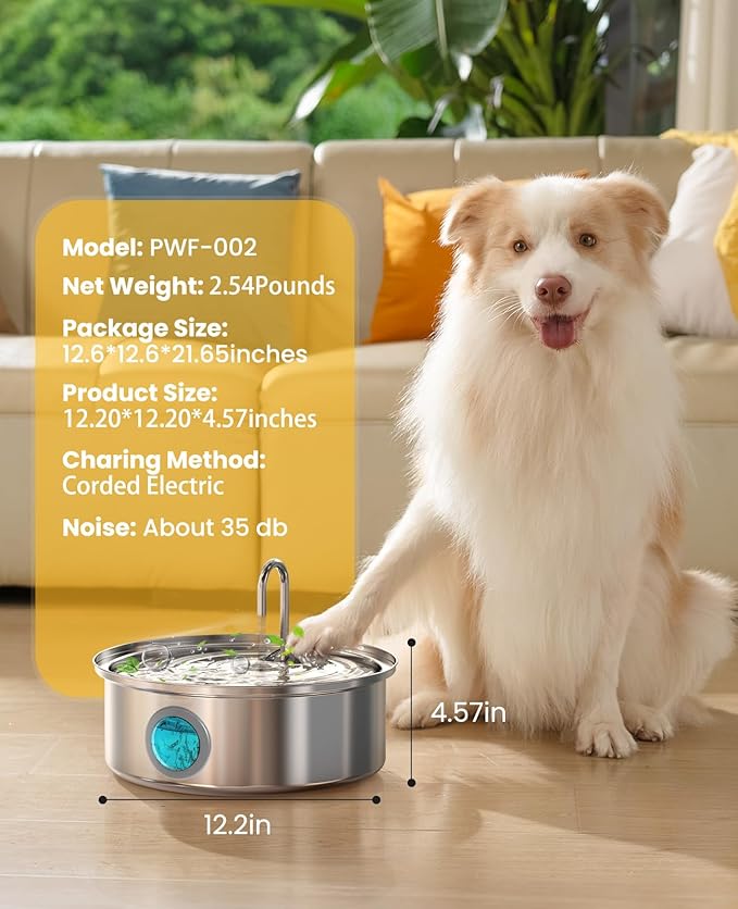 oneisall Dog Water Fountain for Large Dogs,7L/230oz/1.8G Stainless Steel Dog Fountain Super Quiet with Triple Filtration,Great for Large Dogs (PWF002 Dog Fountain +6Sets Filters)