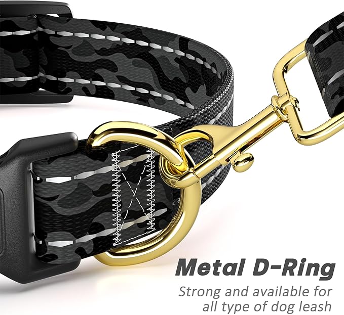 Reflective Dog Collar for Medium Dogs, Cute Camouflage Adjustable Heavy-Duty Nylon Puppy Collar for Boy and Girl Female, Soft Pet Accessories with Quick Release Buckle, Black