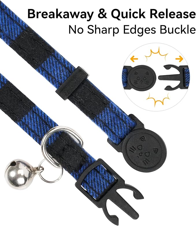 Joytale Upgraded Cat Collar with Bells, Breakaway Cat Collars with Bow Tie, 2 Pack Girl Boy Safety Plaid Kitten Collars, Black+Blue