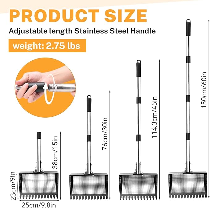 9.8×9.1in Chicken Poop Scooper, Chicken Coop Rake, Multifunctional 2 in 1 Sifting Shovel for Cow Shed Raking/Pet Waste/Yard Cleanup, Adjustable Length/Angle Coop Scoop with Ergonomic Handle (Black)