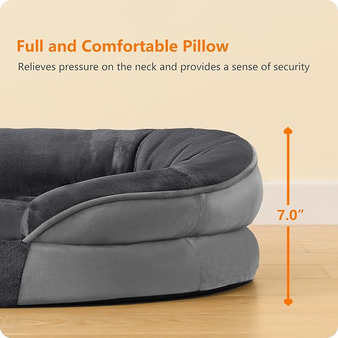 Dwanton Orthopedic Dog Bed for Extra Large Dogs with Gel Memory Foam, Waterproof Dog Sofa, Washable Pet Bed with Four Sided Bolster Cushion, Removable Cover & Non-Slip Bottom, 45", Dark Gray
