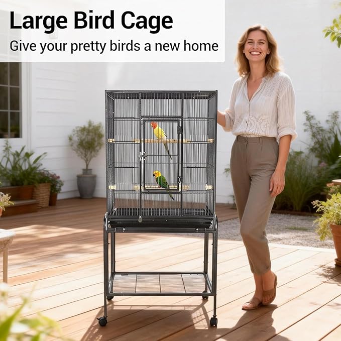 53 Inch Bird Cage with Wooden Perches, Standing Wrought Iron Birdcage with Wheels, Large Parrot Cage Bird Cages with Slide-Out Tray Water Bottle Feeder for Parakeets,Cockatiel, Canary,Pigeons