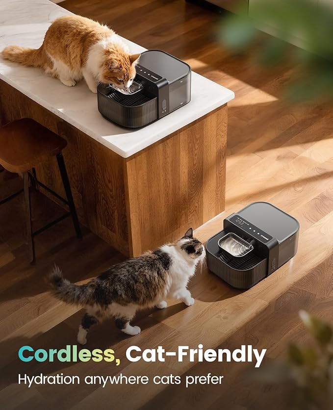oneisall Wireless Filterless Cat Water Fountain, Separate Clean and Dirty Water Pet Fountain with Stainless Steel Bowl, 3.5L/118oz Quiet No Filter Smart Automatic Cat Water Dispenser Indoor, Black