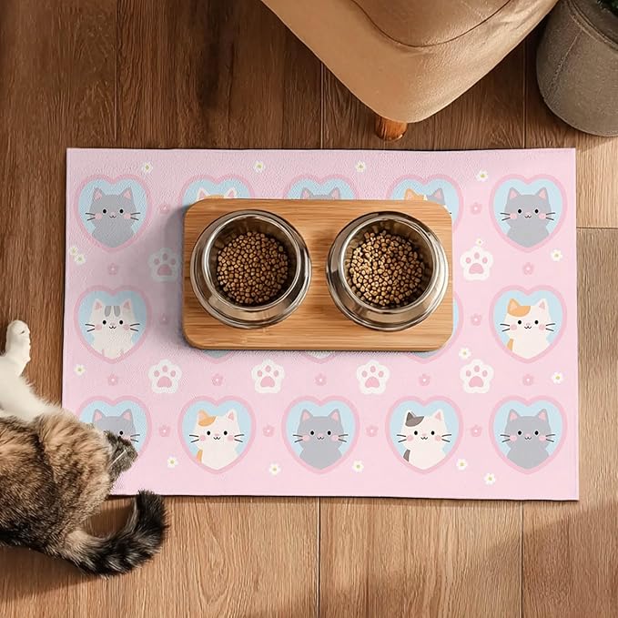 Cat Feeding Mat 24x16 inch Pink Heart Kitten Print Pet Bowl Placemat Non Slip Floor Mat for Food and Water Indoor Kitty Feeding Station Cute Meal Pad for Small Pets Kitchen Use