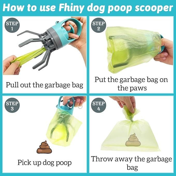 Fhiny Portable Dog Poop Scooper, No-Touch Handheld Doggy Poop Scooper Sanitary Puppy Waste Picker with Bag Dispenser Convenient Lightweight Six Claws Poop Waste Cleaner for Dog Great for Walks Travel